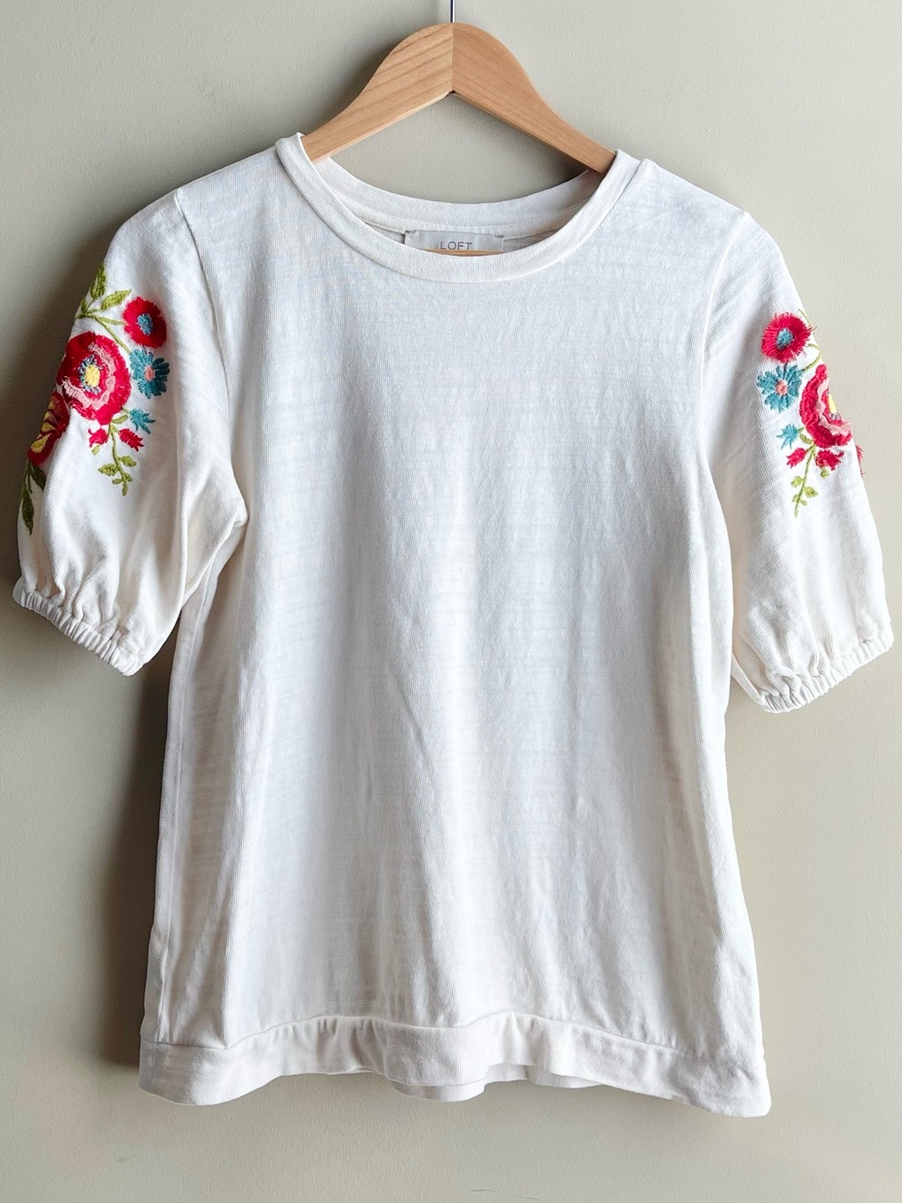 LOFT Cream Puff Sleeve Top with Pink & Teal Floral Embroidery